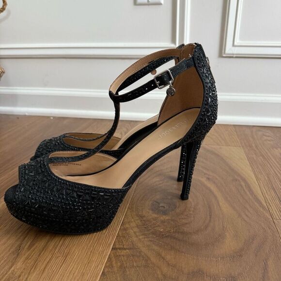 NWOB Thalia Sodi Chace Black T-Strap Embellished Platform Stiletto Heels 12 Wide - Picture 4 of 10